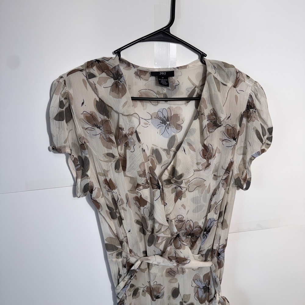 JBS Floral Tie Dress Midi Size 14 Sheer Ruffle Flowy Cottagecore Whimsical 90s - Picture 4 of 13